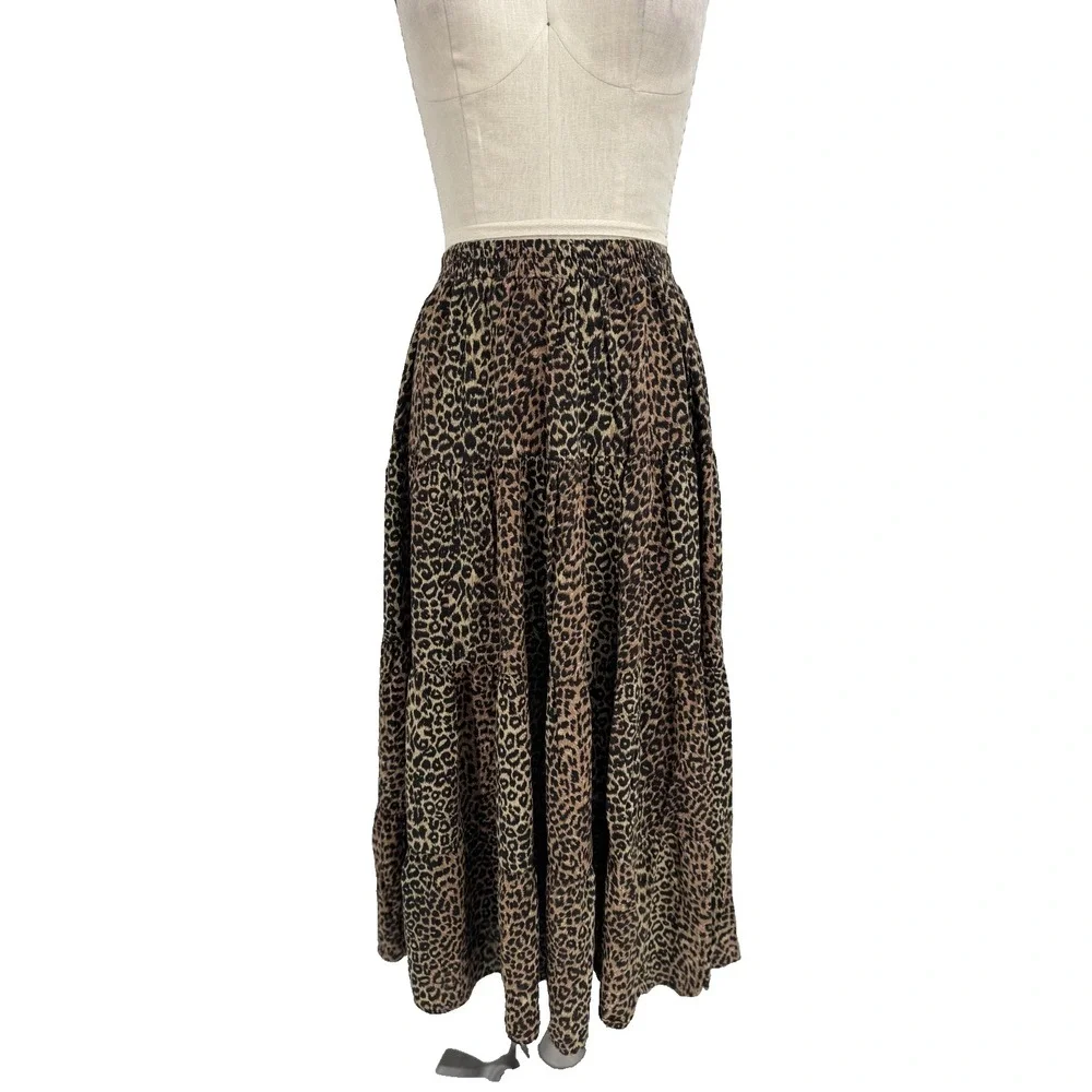 Scott Taylor Vintage Leopard Print Midi Skirt Large Elastic Pull‎ On Rayon USA